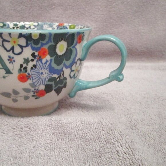 Anthropologie TEA TIME Coffee MUG Cup FOOTED Twist Handle MONOGRAM A Floral - Picture 6 of 8
